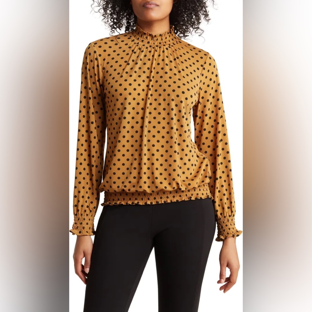 Polka Dot Smocked Long Sleeve Blouse STRETCHY Adrianna Papell Medium